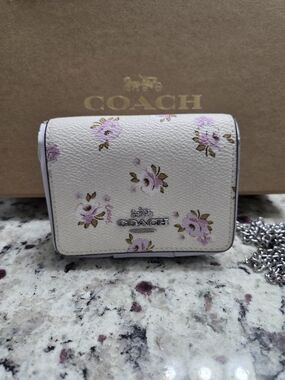 COACH White Floral Leather Chain Wallet with Pink Roses, NEW